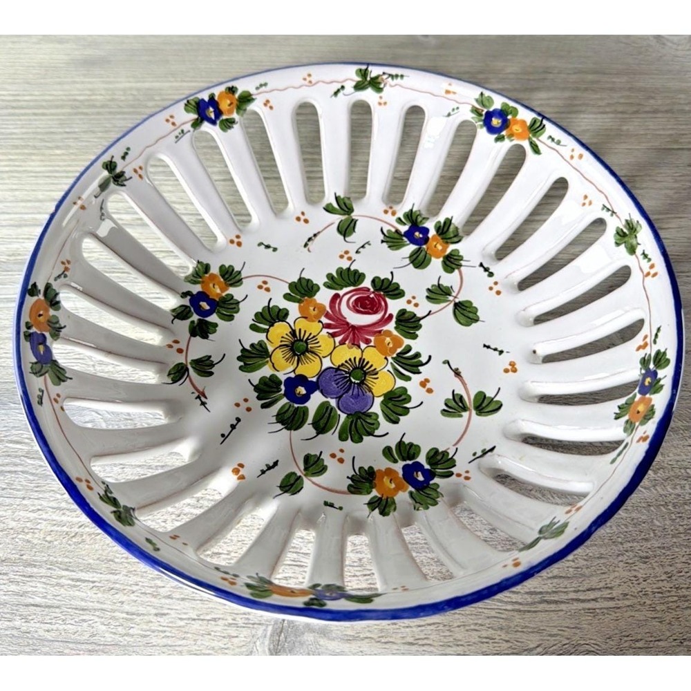 Vtg Castelli Pottery Italy Reticulated Bread Fruit Bowl 8" Hand Painted L Pardi
